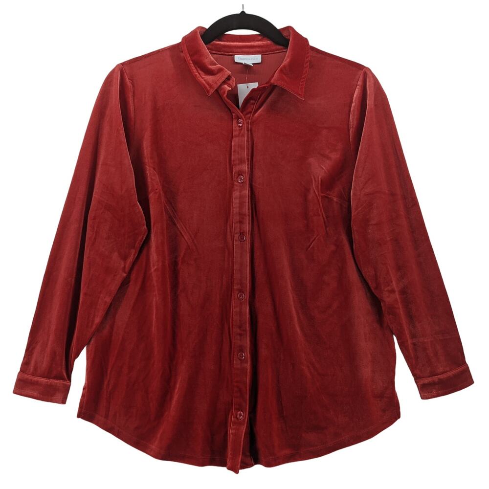 Charter Club Velour Shirt XL Ravishing Red Velvet Womens Button Down Long Sleeve